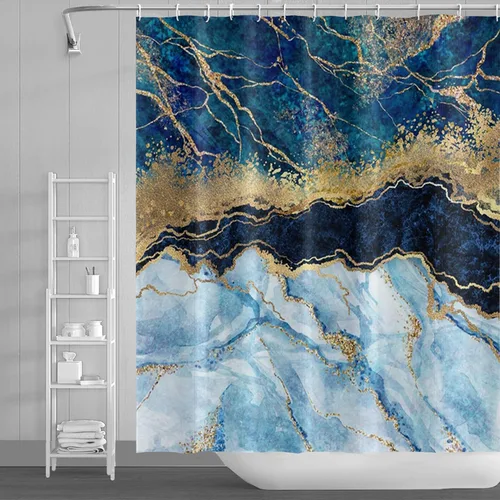 Miniatura 23 de Cortina de ducha de mármol blanco y negro de 36 x 72 pulgadas, tinta de pintura abstracta, textura de arte líquido, líneas agrietadas doradas