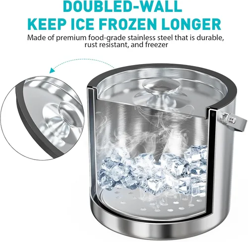 Miniatura 4 de Cubo de hielo de acero inoxidable de doble pared de 3.2L con tapa, cuchara, cubo de hielo aislado actualizado para bar de cócteles y fiestas Plateado