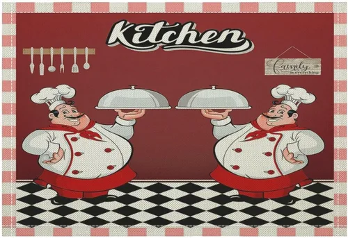 Miniatura 14 de Juego de 4 manteles individuales con estampado de cocina de chef, restaurante, cocina, acuarela, manteles individuales de tela lavable para mesa