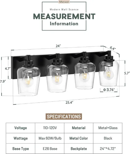 Miniatura 3 de Lámparas de baño, lámpara de tocador moderna de 4 luces con pantalla en forma de copa de vino de vidrio transparente, accesorios de iluminación Negro