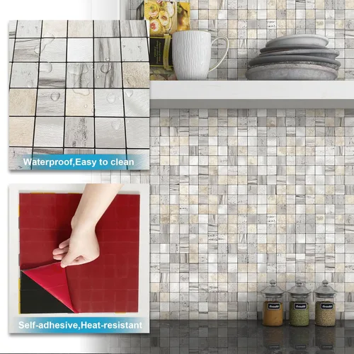 Miniatura 5 de BeNice Adhesivos de pared autoadhesivos de metal para cocina, para despegar y pegar, cuadrado gris (madera rústica, gris, 10 hojas)