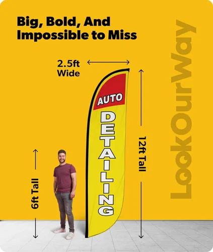 Miniatura 3 de LookOurWay Bandera de plumas, bandera publicitaria de 12 pies de alto para promoción de negocios y eventos, solo bandera, detalles automáticos