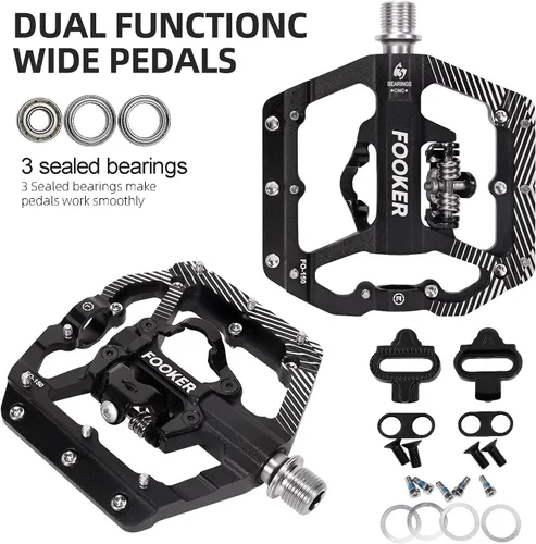 Miniatura 3 de FOOKER Pedales de bicicleta de montaña MTB, plataforma plana de 3 rodamientos, compatible con doble función sellada de aluminio sin clipless pedales