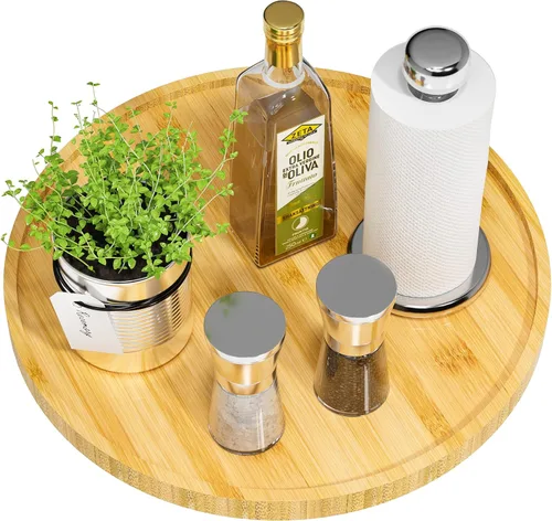 Miniatura 13 de Tocadiscos Lazy Susan para mesa, organizador giratorio antideslizante de 12 pulgadas de bambú para sal, pimienta, especias y aceite de oliva al lado