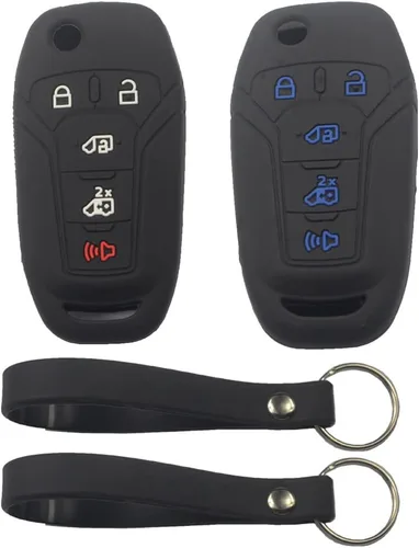 Miniatura 7 de 2 fundas protectoras de silicona de goma negra con 5 botones para llave de control remoto inteligente sin llave con llavero compatible con Ford 2
