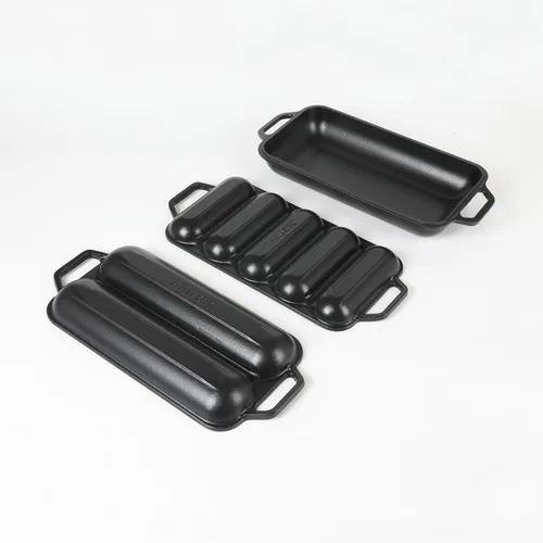 Miniatura 4 de HAWOK Pan de baguette de hierro fundido pre-sazonado, juego de hornear 3 en 1 con bandeja completa de baguette, mini bandeja de 5 ranuras y bandeja