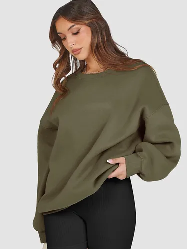 Miniatura 3 de ATHMILE Sudadera de gran tamaño para mujer, cuello redondo, forro polar, manga larga, sudaderas con capucha, tops de otoño, ropa de moda 2023
