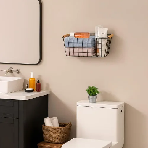Miniatura 4 de Cestas colgantes de metal negro con asa, organizador de almacenamiento de pared de alambre con ganchos, cestas adhesivas para cocina, baño