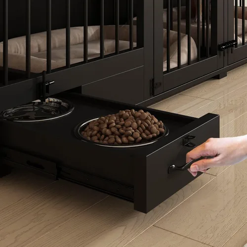 Miniatura 6 de Mueble estilo jaula para perros grande para 2 perros, perrera de madera resistente de 86.6" con cajones y divisor para comedero de perros, perrera