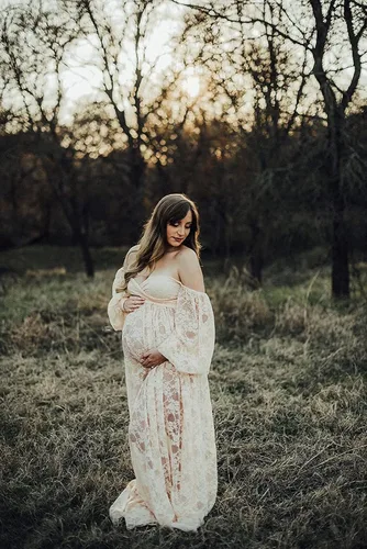 Miniatura 6 de Saslax Vestido largo de maternidad con hombros descubiertos y hombros descubiertos con abertura doble vestido de maternidad para sesión de fotos