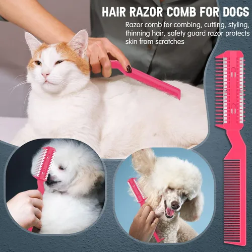 Miniatura 5 de Yinkin Peine de afeitar de 5 piezas para perros y gatos, rosa, plástico y acero inoxidable, perros pequeños a medianos, 25 cuchillas adicionales