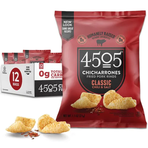 4505 Chicharrones Fritos de Cerdo - Pieles de cerdo saborizadas - Bajo en carbohidratos, sin gluten, snack proteico (chile clásico y sal)