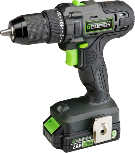 Genesis 20V 1/2" Taladro inalámbrico con batería y cargador, portabrocas metálico con trinquete, 450 pulgadas-libras, batería y cargador de 2.0Ah