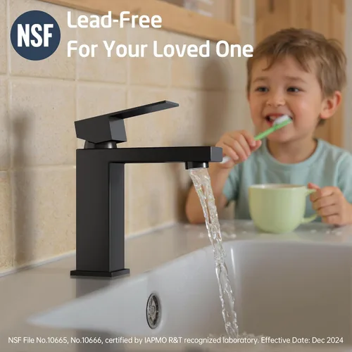 Miniatura 5 de KES Grifo de baño negro de una sola manija y desagüe para lavabo con rebosadero, grifo de lavabo certificado cUPC con tapón de desagüe desplegable