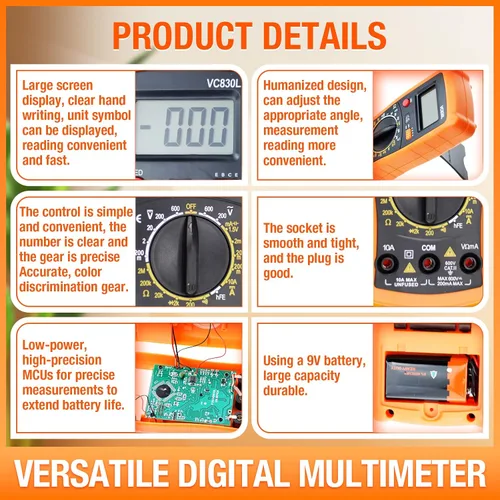 Miniatura 5 de Multímetro digital de 2000 cuentas con voltímetro de CA CC y probador de amplificador de voltaje de ohmios; mide voltaje, corriente, resistencia