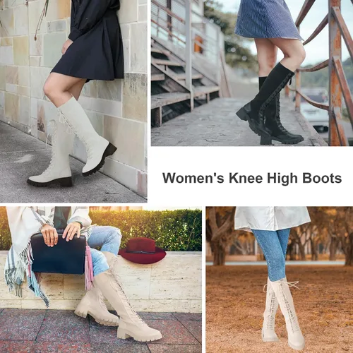 Miniatura 6 de Vepose Botas altas hasta la rodilla con plataforma de encaje 953 para mujer con tacón grueso y cómodo