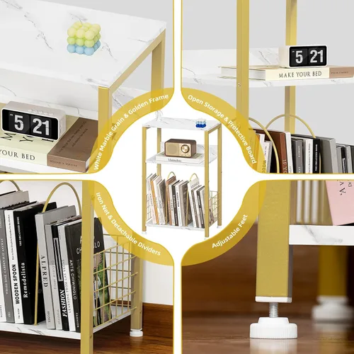 Miniatura 5 de LELELINKY Mesa auxiliar, mesita de noche de mármol blanco con marco de metal dorado, soporte de madera industrial de 3 niveles con estante