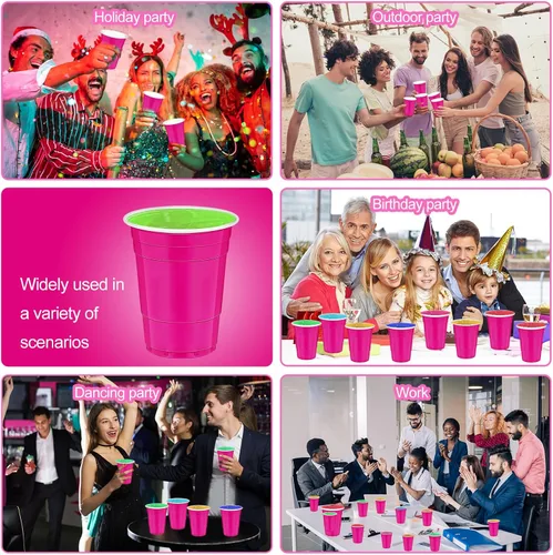 Miniatura 7 de 120 piezas 16 onzas vasos de plástico rosa para el Día de San Valentín, vasos de plástico rosa intenso para fiestas, vasos para bebidas, Rosa fuerte