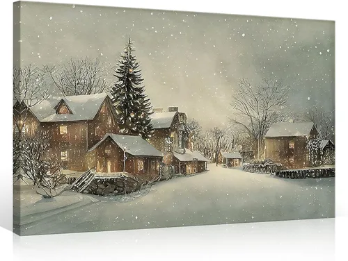 Miniatura 17 de Huabsad Lienzo vintage de Navidad con diseño de casa de campo, arte de pared, estilo retro, nieve, invierno, pueblo, paisaje, famoso, pintura al