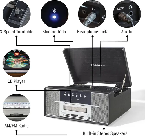 Miniatura 2 de Crosley CR7016A-BK Rhapsody - Tocadiscos de vinilo 7 en 1 con Bluetooth, 3 velocidades, reproductor de CD, radio AM/FM, color negro