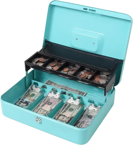 Miniatura 14 de Jssmst Caja grande de metal con cerradura con bandeja de dinero, caja de dinero con cerradura de combinación, color negro Cerradura de combinación