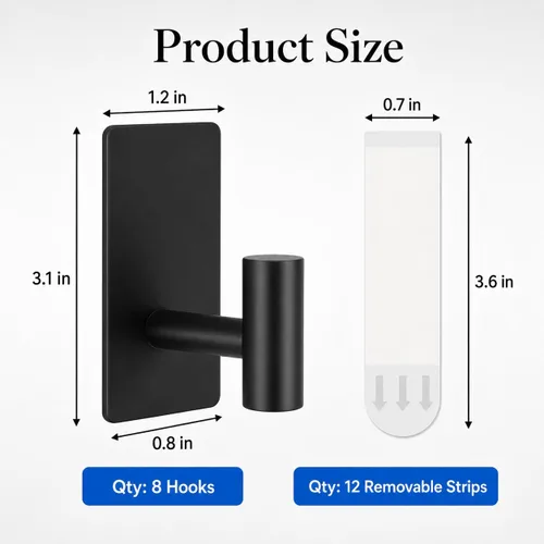 Miniatura 2 de 8 ganchos para toallas resistentes para colgar, ganchos adhesivos de pared con tiras extraíbles, adhesivos sin daños, para exteriores, para baños