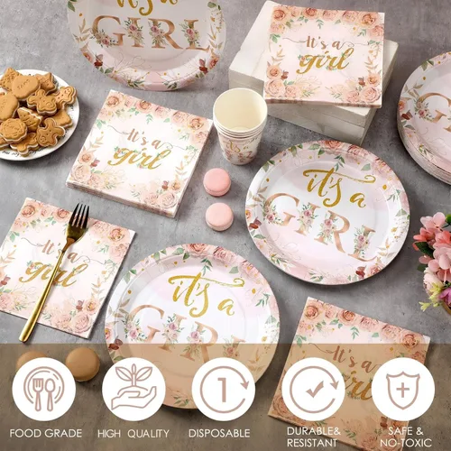 Miniatura 3 de Hushee 200 piezas de platos de papel, servilletas y vasos florales para baby shower, juego de vajilla para fiesta de baby shower, vasos y Rosa