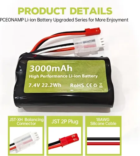 Miniatura 5 de Batería de iones de litio de 7.4 V 3000 mAh 15C 2S con enchufe JST-2P con cargador 2 en 1 para UDIRC UD1601 UD1602 SG1603 RC Car 1/10, 1/12, 1/16