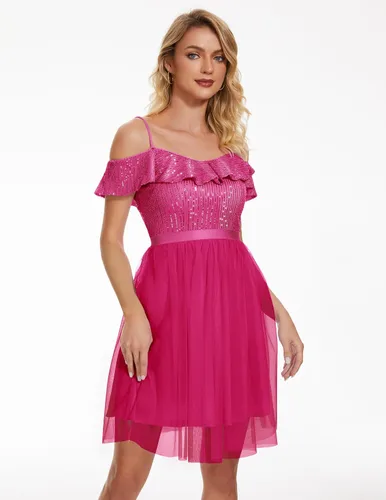 Miniatura 7 de Wedtrend Vestido de lentejuelas para mujer, vestido semiformal brillante con tirantes delgados, vestido corto de graduación con purpurina