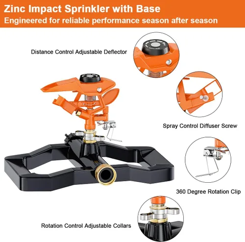 Miniatura 3 de FANHAO Rociador de impacto pulsante resistente para patio, rociadores de césped giratorios de 360 grados con base de metal, rociador ajustable