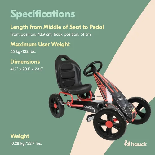 Miniatura 5 de hauck Pedal ciclón Go Kart con asiento de cubo ajustable, ruedas de plástico de espuma EVA de 12 pulgadas, freno de mano para ruedas traseras, Rojo