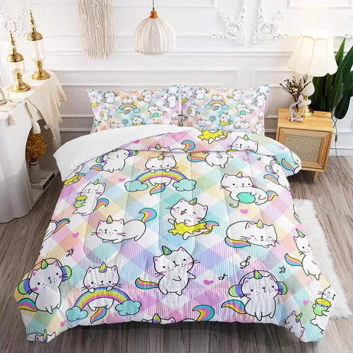 Miniatura 36 de AILONEN Juego de ropa de cama con estampado de gato en acuarela, tamaño individual con gatos y huellas para niños y niñas, juego de edredón suave