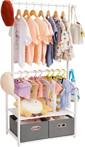 Miniatura 10 de Perchero de bambú para niños con 2 cestas de almacenamiento y 2 varillas ajustables para colgar, soporte para ropa infantil con estante, estantes