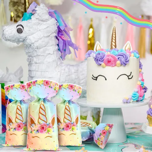 Miniatura 4 de Zonon 100 bolsas de regalo de unicornios, bolsas de regalo de unicornio, celofán, rosa, arcoíris, dorado, con 100 lazos plateados, recuerdos