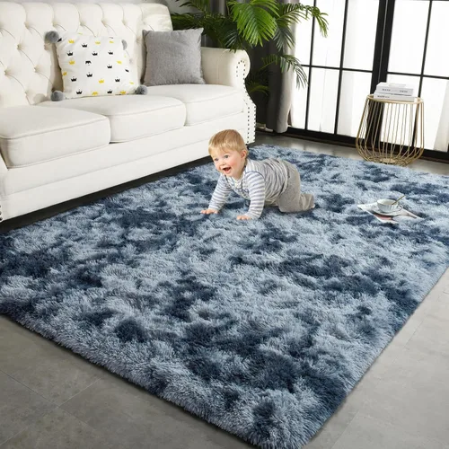 TWINNIS Alfombras grandes de pelo largo de 4 x 6 para sala de estar, dormitorio, teñido anudado azul y gris, alfombras de felpa súper suaves para