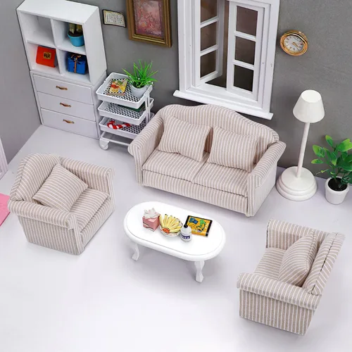 Miniatura 7 de Toddmomy Muebles en miniatura de 3 piezas, juego de sofá de casa de muñecas de 1 a 12 escalas, modelos realistas para casa de muñecas, sala