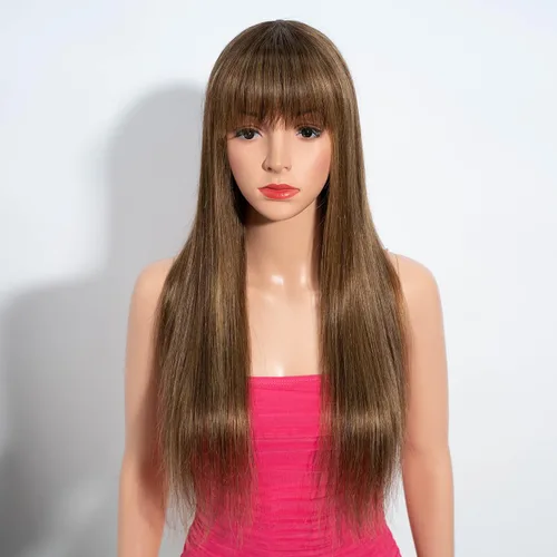 Miniatura 7 de Rebecca Fashion Pelucas lacias de 14 pulgadas con flequillo, pelucas de cabello humano para mujeres negras, sin encaje frontal, pelucas de cabello