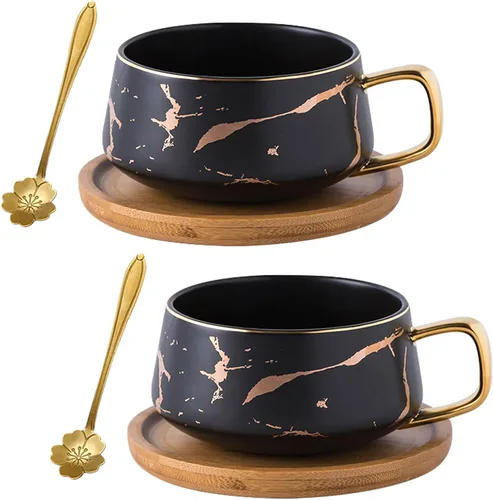 Miniatura 11 de Jusalpha Juego de taza de té y platillo de bambú de 300 ml con impresión de mano dorada de lujo, patrón de mármol de moda para mujeres TCS19 (blanco)