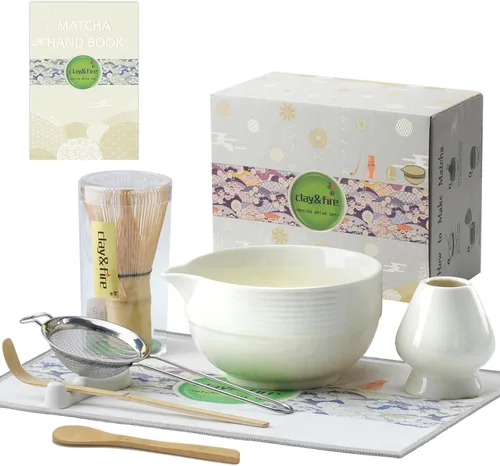 Clay&Fire Juego de batidor de matcha, juego de matcha de cerámica, cuenco de matcha con asa y batidor, juego de té matcha de 9 piezas para amantes