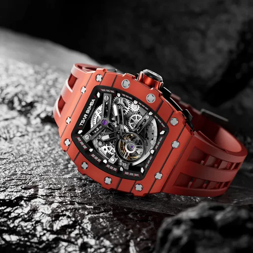 Miniatura 4 de Reloj para hombre, reloj mecánico automático de esqueleto para hombre, 164.0 ft, impermeable, de lujo, Tonneau, cuadrado, esfera grande, con correa