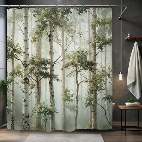 Miniatura 2 de Cortina de ducha de árbol de abedul natural, 60 pulgadas de ancho x 72 pulgadas de largo, bosque brumoso, bosque, plantas, paisaje verde, paisaje