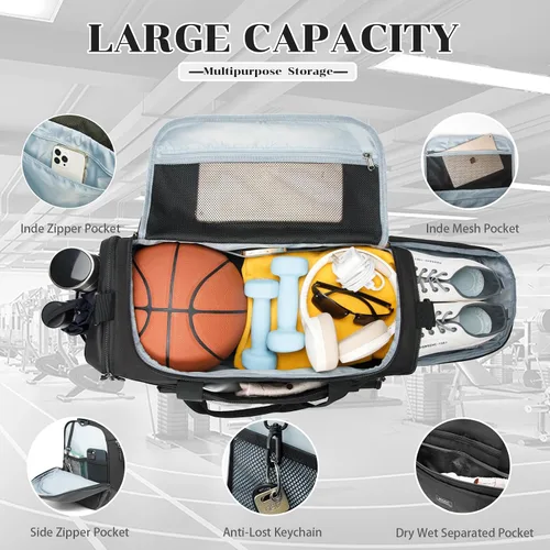 Miniatura 5 de BSHG Bolsa de deporte para hombres y mujeres con compartimento para zapatos y bolsillo húmedo, bolsa de lona deportiva, bolsas de entrenamiento