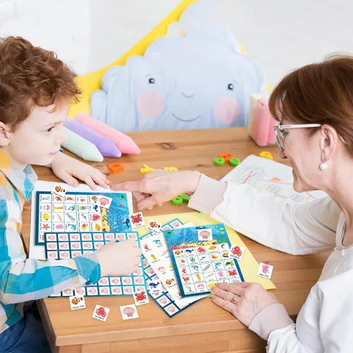 Miniatura 5 de Liliful Tarjetas de juego de bingo de animales del océano para niños, 24 tarjetas de bingo de mar, juego temático del océano para fiestas bajo