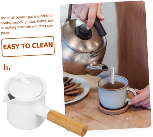 Miniatura 8 de Cabilock Cacerola de cerámica con mango de madera, calentador de mantequilla, mini olla de cocina para leche, té, café, comida para bebés