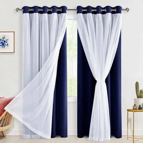 Miniatura 103 de Hiasan Cortinas opacas con superposición transparente, aislamiento térmico para mezclar y combinar de doble capa, cortinas de oscurecimiento de Beige