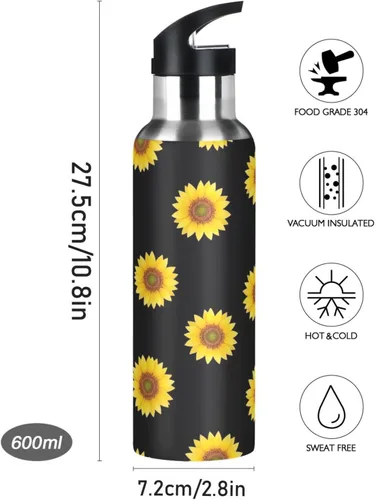Miniatura 9 de Stainless Steel Vacuum Insulated Water Bottle 32 Oz, BPA-Free Sports Water Bottle for Gym Outdoor Travel School, Yellow Sunflowers Black
