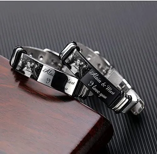 Miniatura 4 de Pulseras personalizadas para hombres, pulseras de acero inoxidable grabadas con foto y texto, regalos de joyería personalizados para novio, padre