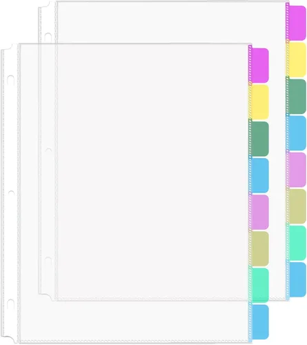 HABGP Juego de 16 protectores de hojas transparentes para carpetas de 3 anillas, tamaño carta, separadores de plástico de 8 pestañas con bolsillos y