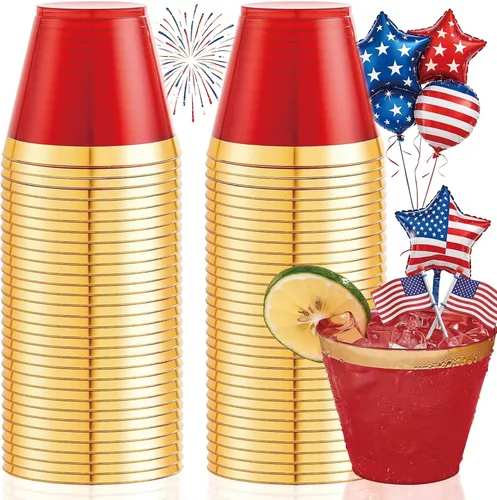 Miniatura 11 de Ciaell 120 vasos de plástico dorados – Vaso de plástico resistente de 12 onzas – Vasos desechables con borde dorado – Copa de borde dorado de alta
