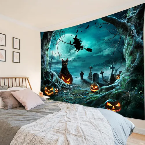Miniatura 8 de LB Tapiz espeluznante de cementerio de Halloween, lápida aterradora con árboles muertos, tapiz de bosque para colgar en la pared, tapiz de fondo